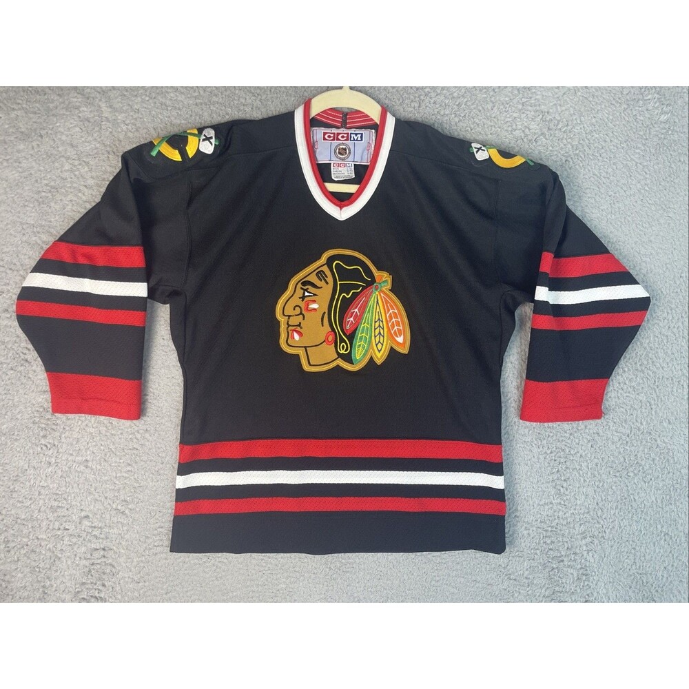 Vintage CCM Jersey Chicago Blackhawks Youth Boys L/XL Black Embroidered EUC